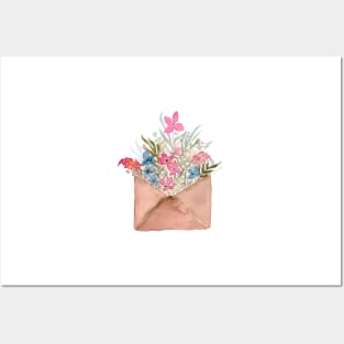 Watercolor Envelope with Flowers Posters and Art